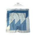 Silk square scarf with blue and white geometric crescent moon print, fashionable accessory. - C505