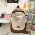 Casual canvas school backpack for teen students, cute colorblock design with embroidery. - Brown