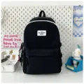 Japanese style black canvas school backpack with white piping and front logo patch for students. - Single Bag (Without Doll) / Black