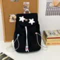 Cute Japanese style casual canvas backpack for teen girls with white plush star details. - Star Safety Pin Style / Black