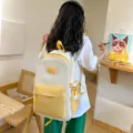 Japanese style white and yellow colorblock student backpack with front pocket and side straps. - Single Bag (Without Doll) / Yellow