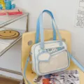 Borsa ita bianca e azzurro chiaro tracolla studente tasca trasparente stile anime borsa casual - Bianco con Blu