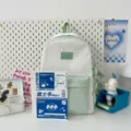 Japanese style white and green student backpack with front pocket, trendy and cute daily bag. - Single Bag (Without Doll) / Light Green