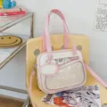 Joli sac ita style japonais pour femme, sac bandoulière blanc et rose avec poche transparente. - Blanc et Rose