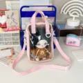 Pink transparent ita bag for 20cm plush doll, cute shoulder crossbody bag with clear display window and strap. - Pink