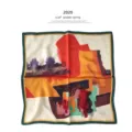 Artistic oil painting silk square scarf featuring smooth texture and elegant drape for women. - A701