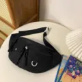 Black nylon chest bag for women, casual crossbody waist bag with multi pockets and D-ring. - Single Bag / Black