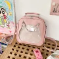 Pink cute cat ear transparent ita bag PU leather casual shoulder crossbody bag. - Pink