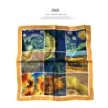 Detailed close-up view showing the exquisite texture of the vintage Van Gogh art silk square scarf. - A505