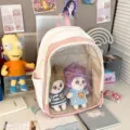 Cute white pink clear front backpack for girls casual school daypack with lovely doll display. - Standard Size / Pink