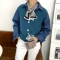 Vista dettagliata della sciarpa in seta a righe con elegante camicia blu e gilet. - J412