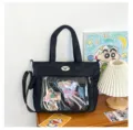 Sac itabag en toile noire avec fenetre transparente, grand sac bandouliere epaule. - Noir