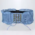 Women denim wide belt corset cinch waist decorative band with ruffles and metal studs main view. - Light Blue