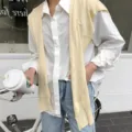 Koreanischer Strickschal und weisses Hemd Set, perfekt fuer Fruehling Sommer Alltag. - Blassgelb