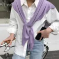 Koreanischer Stil Strickschal Pullover und weiße Hemd Layering Outfit modische Oberteile. - Lila