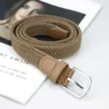 Woven elastic belt for men and women, stretch canvas braided strap with pin buckle. - Dark Khaki