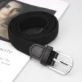 Black braided elastic belt with pin buckle, stretch canvas trouser belt for casual wear. - Black
