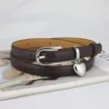 Stylish brown leather belt for women with silver buckle and cute heart charm pendant. - 105cm / Coffee