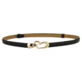 Women's thin black leather belt with gold heart buckle, stylish waist accessory for dress. - Black