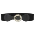 Women elastic waist belt with pearl rhinestone round buckle, stylish black wide dress waist seal - Black