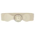 Women elastic waist belt beige rhinestone pearl round buckle dress coat decorative sash - Off White