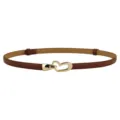 Women brown thin leather belt with gold heart buckle, stylish waist accessory for dresses. - Camel