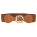 Brown elastic waist belt for women with elegant pearl rhinestone round buckle dress accessory. - Camel