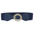 Navy blue elastic waist belt for women with pearl rhinestone round buckle dress accessory. - Navy Blue