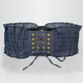Women's denim wide waist belt corset with lace up grommets and metallic studs elastic design. - Dark Blue