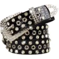 Stylish women's black rhinestone leather belt featuring sparkle buckle and metal eyelet details. - Black