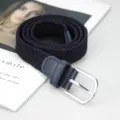 Women men stretch braided belt elastic canvas casual belt with pin buckle navy blue - Navy Blue