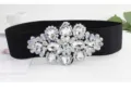 Women wide elastic waist belt with sparkling crystal rhinestone floral buckle for dress coat. - 78cm / White