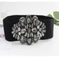 Elegant women's black elastic waist belt with large crystal rhinestone buckle for dress coat - 78cm / Black