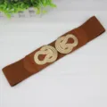 Women fashion wide elastic waist belt with gold knot metal buckle for dress decor - Camel