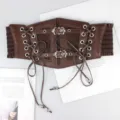 Women retro lace-up elastic waist corset belt, PU leather lace waist cincher for dress. - Coffee