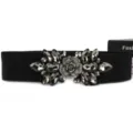 Black elastic belt with rhinestone crystal rose flower decorative buckle for women dress wide waist. - Black Crystal / Black