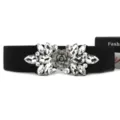 Black elastic waist belt with sparkling crystal rhinestones and vintage rose flower buckle for dresses. - White Crystal / White