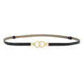 Women's thin black leather belt with gold interlocking double ring buckle for dresses coats suits. - Black