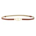 Women thin brown leather belt with gold double ring buckle, elegant dress waist accessory. - Camel