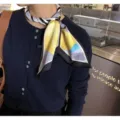 Fashionable multi-functional narrow silk scarf with geometric print, elegant neckerchief for women. - Yellow