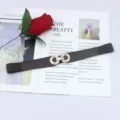 Women elastic waist belt stylish brown dress belt with gold double ring buckle thin stretch cincher - Coffee