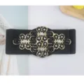 Black elastic wide waist belt with ornate crystal rhinestone buckle, stylish dress accessory. - Crabapple Flower Crystal Black Extended