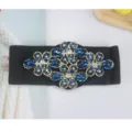 Women elastic wide waist belt rhinestone crystal flower buckle black dress stretch belt - Crabapple Flower Crystal Blue Extended