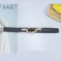 Women stretch elastic waist belt black with gold interlinked metal buckle dress accessory - Style 2 / 1.5cm wide / Black