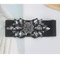 Black elastic waist belt for women, featuring sparkling crystal rhinestone flower for dresses. - Crystal Rose Black Extended
