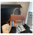 Stylish colorblock top handle shoulder bag for women, trendy woven commuter handbag. - Brown