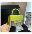 Stylish spliced shoulder bag with colorful woven body and lime green flap for women. - Green