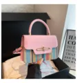Pink spliced shoulder bag, colorful woven textured small square bag, fashionable women handbag. - Pink