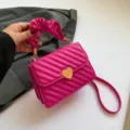 Pink Quilted Heart Lock Crossbody Bag with Scrunchie Handle PU Leather Chic Women Handbag - Rose Red