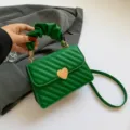 Green quilted small square bag with heart lock and scrunchie handle for women daily fashion. - Green